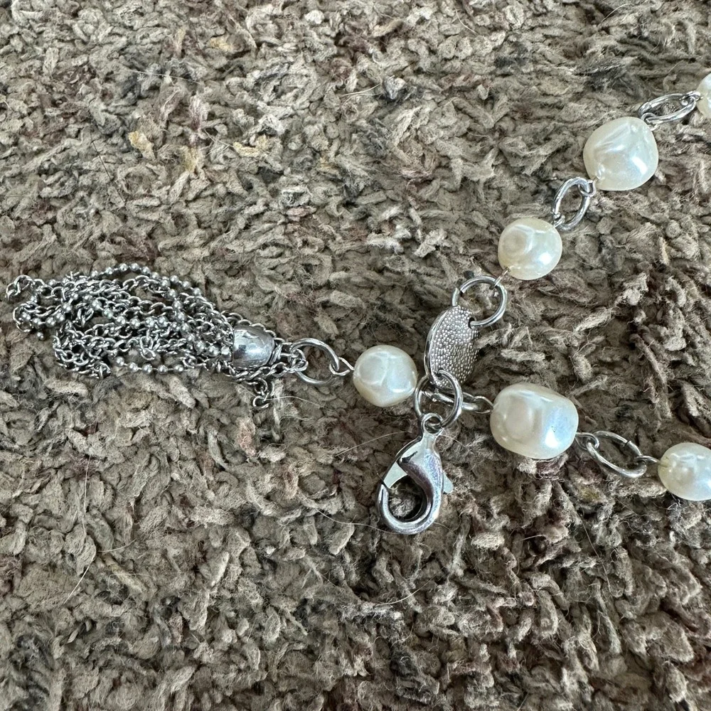 Womens Silver Tone Faux Pearl Chain Belt with Textured Discs and Tassel Detail